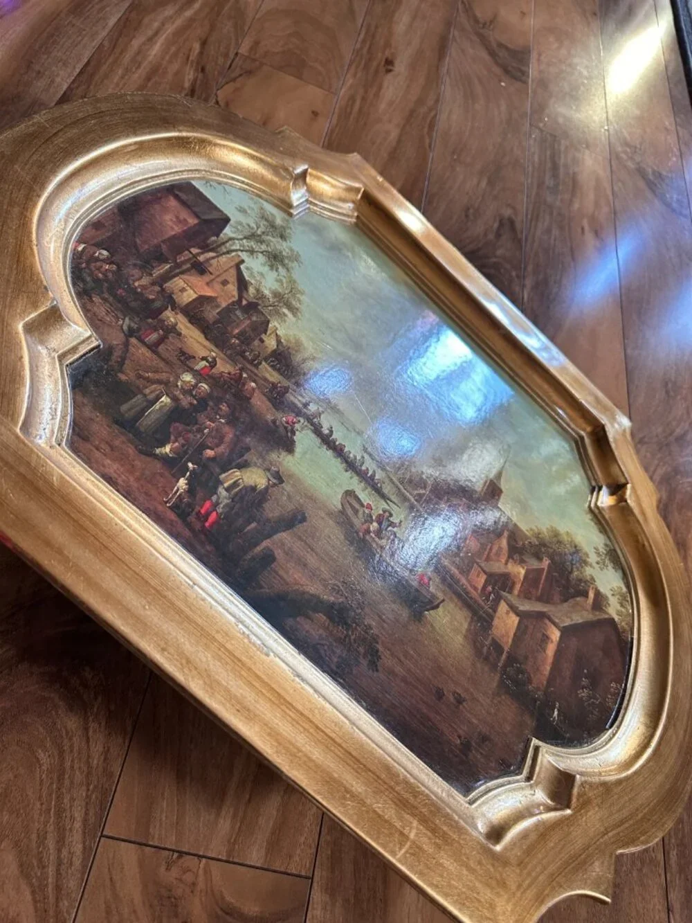 Vintage Italian Framed Dutch Canal Village Print French Tuscan Gold Resin Tray